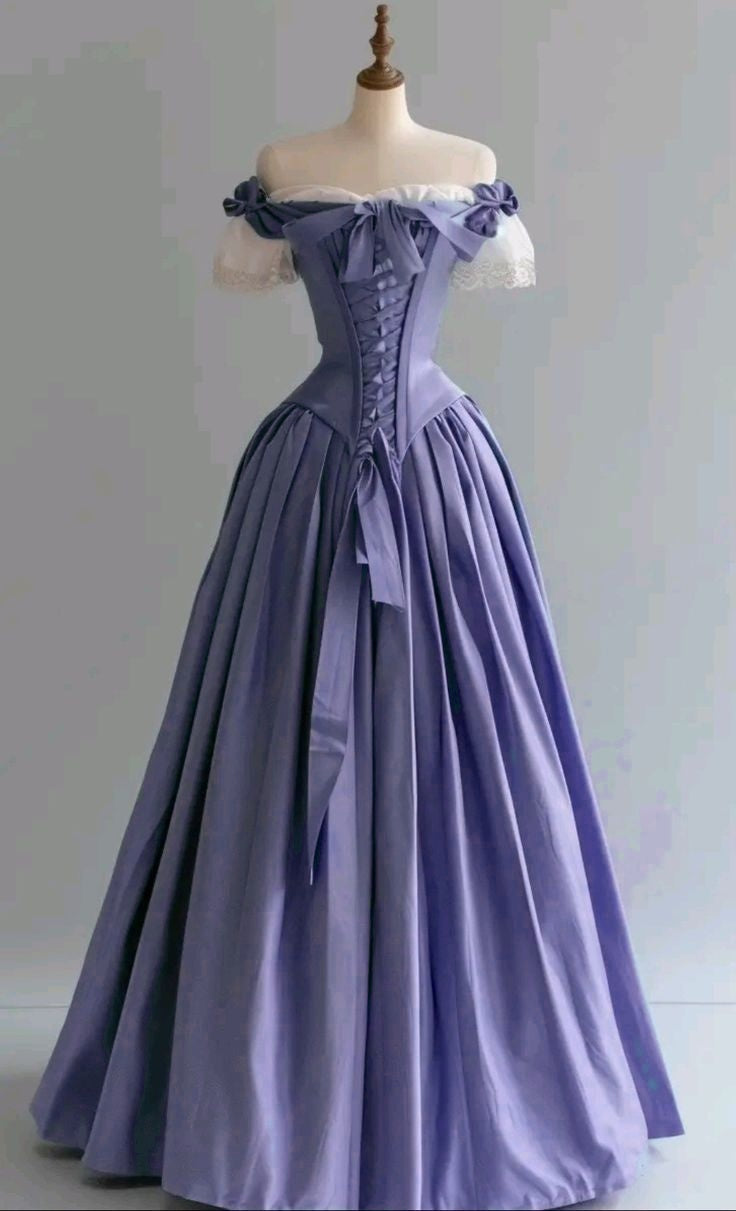Vintage Blue Palace Style Satin A-Line Long Prom Dresses Formal Off-the-shoulder Evening Gowns  ED02365