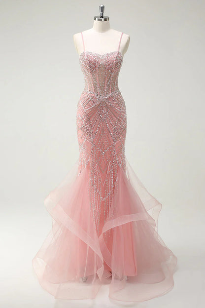 Fairytale Peach Spaghetti Straps Mermaid Beaded Tulle Long Prom Dresses Formal Evening Gowns  ED02366