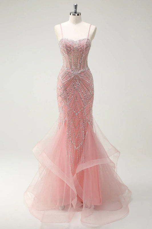 Fairytale Peach Spaghetti Straps Mermaid Beaded Tulle Long Prom Dresses Formal Evening Gowns  ED02366