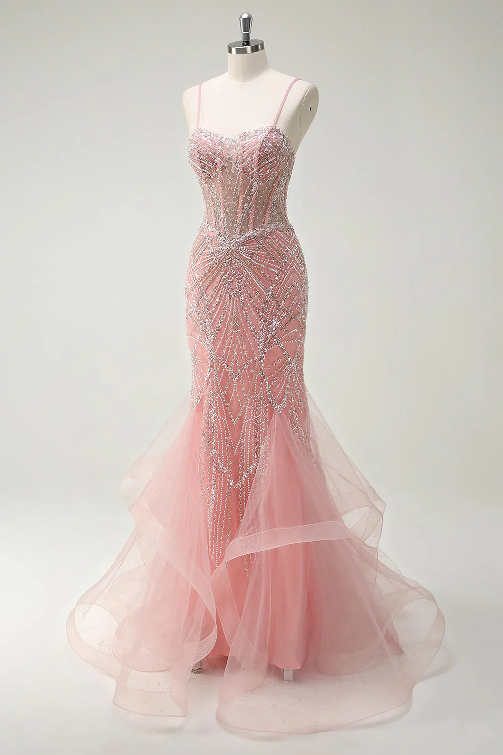 Fairytale Peach Spaghetti Straps Mermaid Beaded Tulle Long Prom Dresses Formal Evening Gowns  ED02366