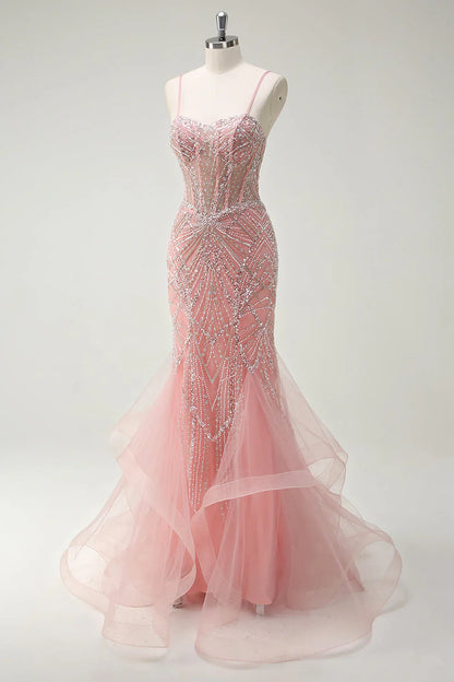 Fairytale Peach Spaghetti Straps Mermaid Beaded Tulle Long Prom Dresses Formal Evening Gowns  ED02366