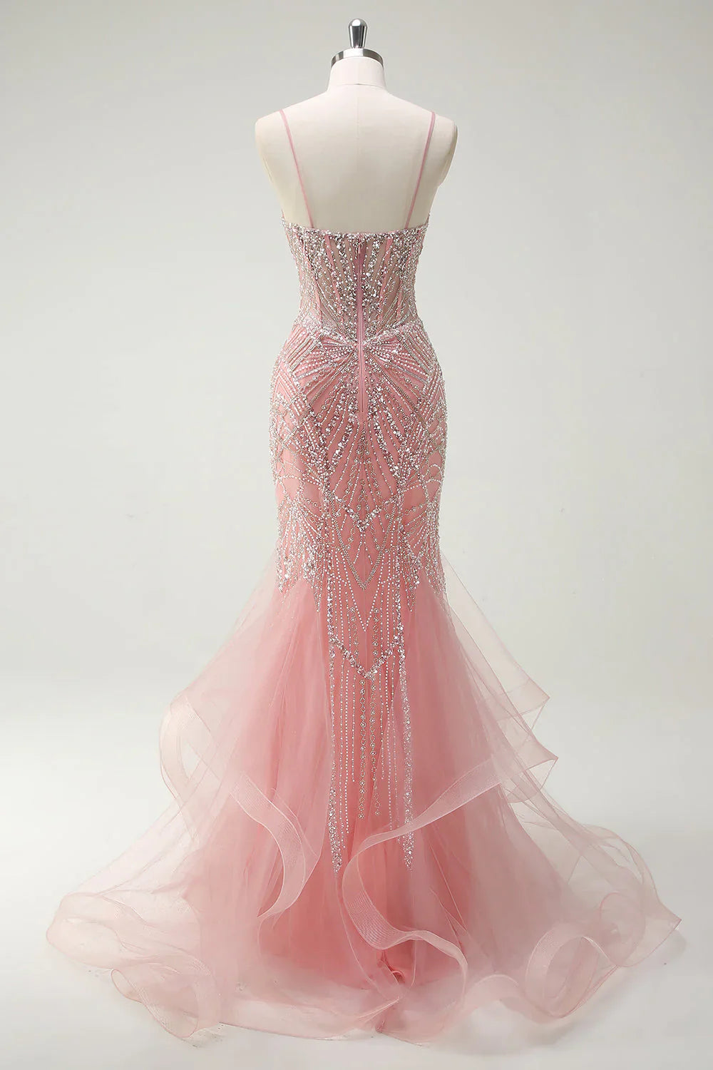 Fairytale Peach Spaghetti Straps Mermaid Beaded Tulle Long Prom Dresses Formal Evening Gowns  ED02366