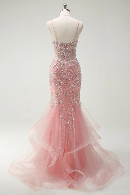 Fairytale Peach Spaghetti Straps Mermaid Beaded Tulle Long Prom Dresses Formal Evening Gowns  ED02366
