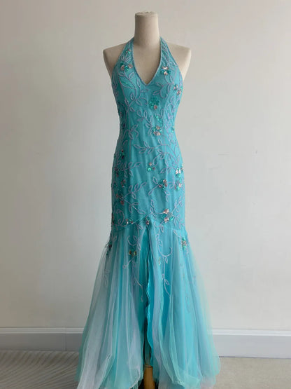 Vintage Mermaid Blue Tulle Prom Dresses Halter Gorgeous Beaded Backless Evening Gowns ED02368