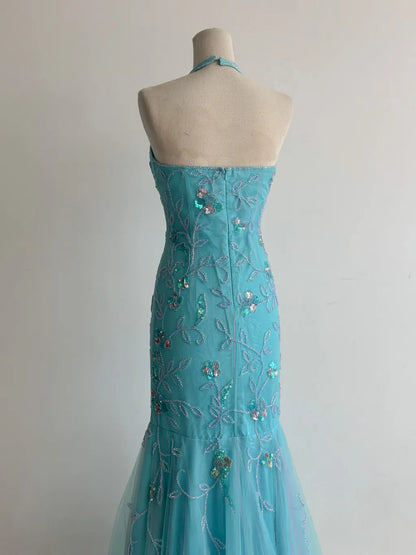 Vintage Mermaid Blue Tulle Prom Dresses Halter Gorgeous Beaded Backless Evening Gowns ED02368