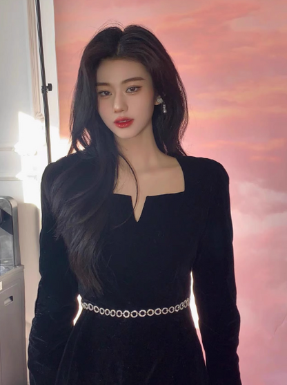 A-line Hepburn style retro velvet square collar black long skirt ED0236