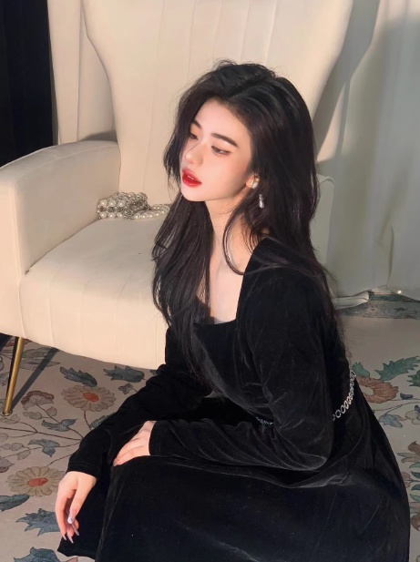 A-line Hepburn style retro velvet square collar black long skirt ED0236