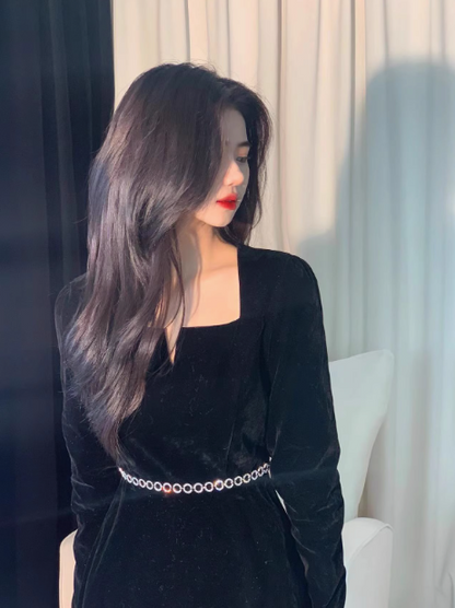 A-line Hepburn style retro velvet square collar black long skirt ED0236