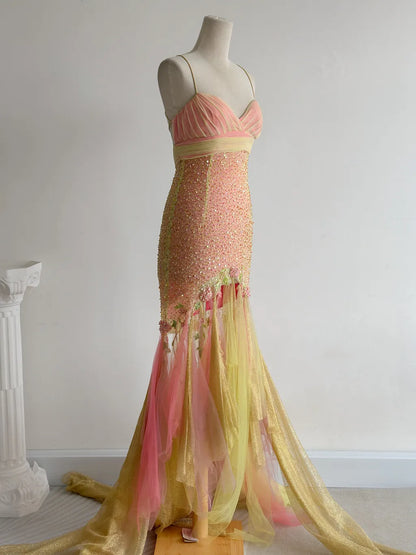 Gorgeous Pink Yellow Tulle Mermaid Spaghetti Straps Beaded Long Prom Dresses Vintage Formal Evening Gowns ED02371