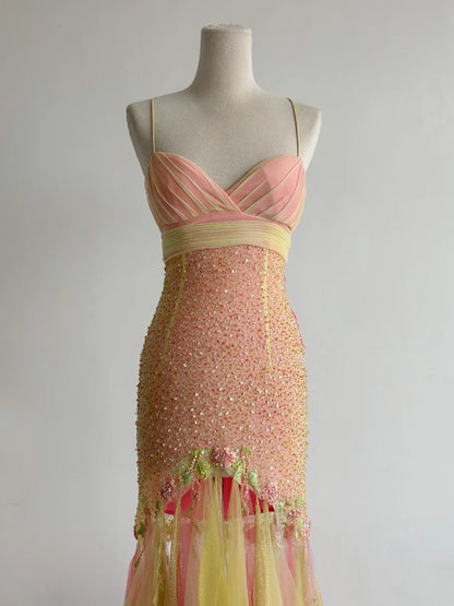 Gorgeous Pink Yellow Tulle Mermaid Spaghetti Straps Beaded Long Prom Dresses Vintage Formal Evening Gowns ED02371