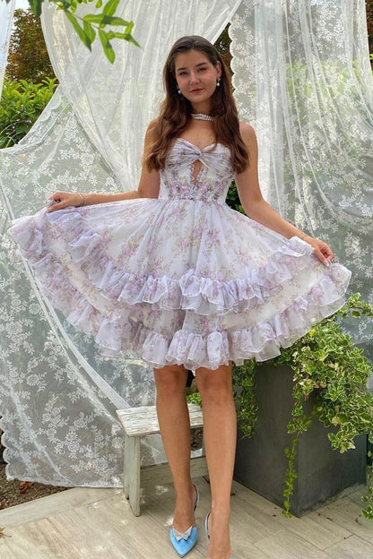 Sweet Printed Chiffon A-Line Spaghetti Strap Party Dress Short Homecoming Dress ED02374