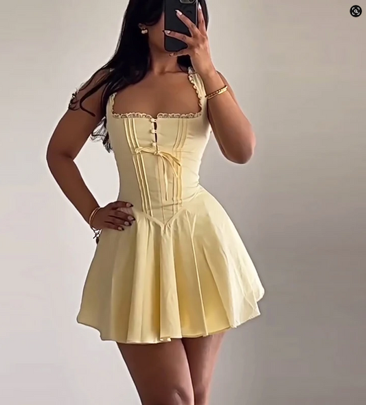Fashion Butter Yellow A-Line Spaghetti Straps Satin Short Birthday Party Dress Homecoming Dress ED02375