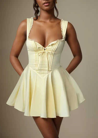 Fashion Butter Yellow A-Line Spaghetti Straps Satin Short Birthday Party Dress Homecoming Dress ED02375