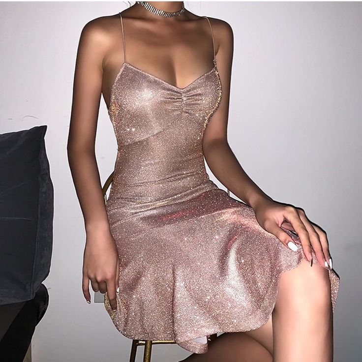 Sexy Spaghetti Straps A-Line Glitter Satin Short Backless Party Dress Homecoming Dress ED02376