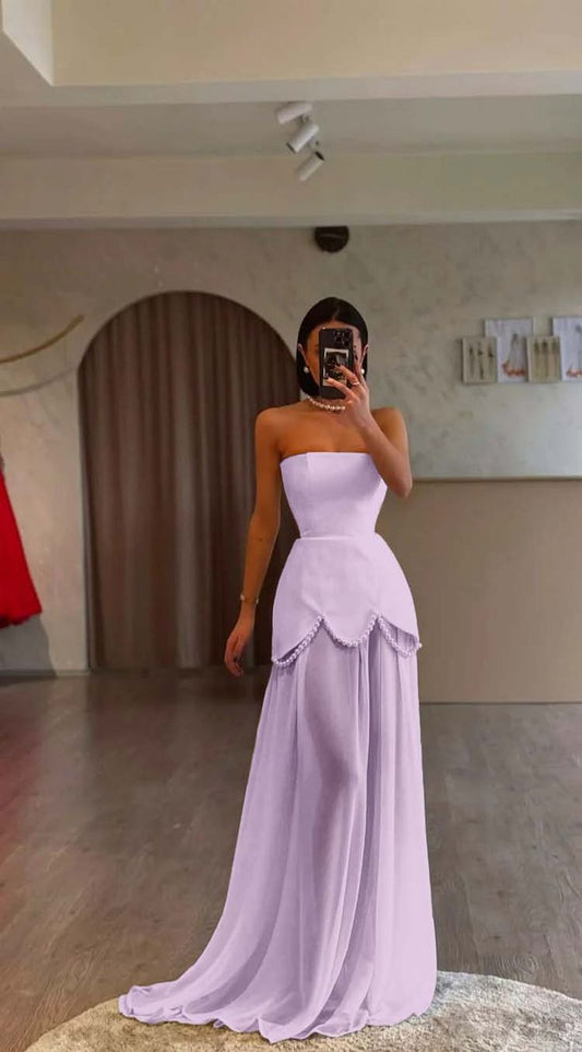 Elegant Purple Strapless A-Line Chiffon Long Prom Dresses Formal Evening Gowns ED02377