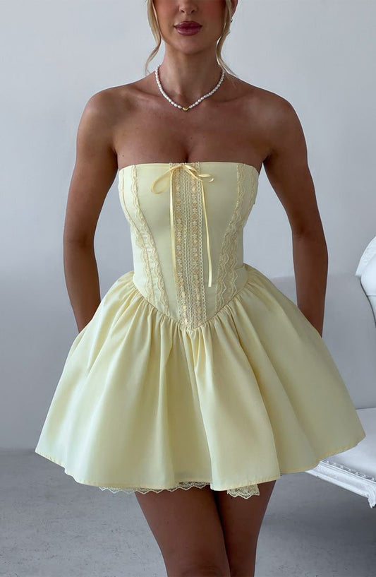 Sweet Butter Yellow Satin Lace Strapless A-Line Short Prom Dresses Homecoming Dresses ED02378