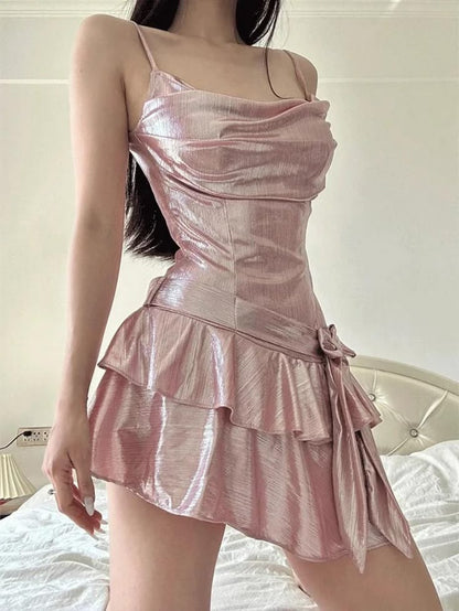 Cute Dusty Pink Chiffon Satin A-Line Spaghetti Straps Short Party Dress Homecoming Dress ED02379