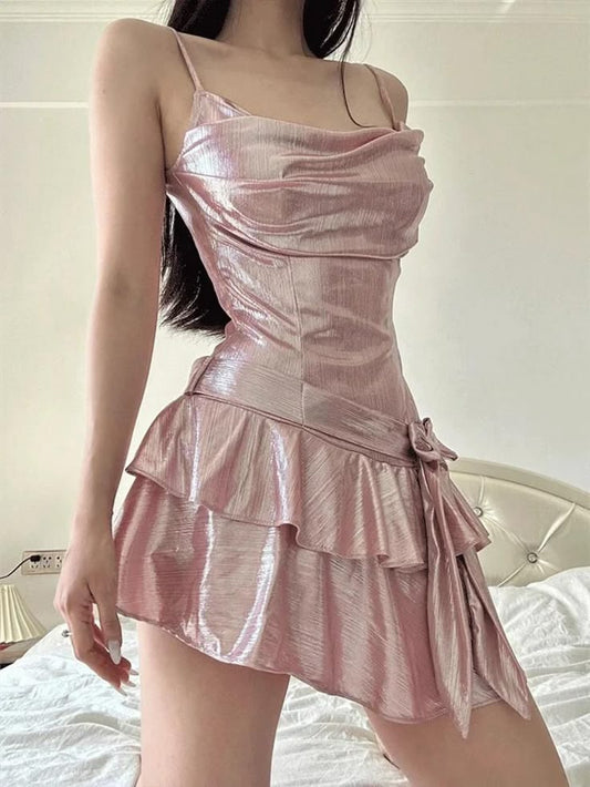 Cute Dusty Pink Chiffon Satin A-Line Spaghetti Straps Short Party Dress Homecoming Dress ED02379