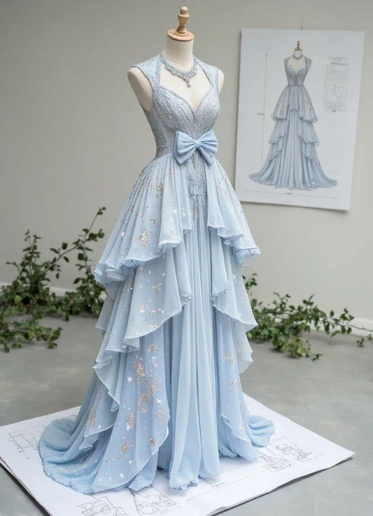 Beautiful Light Blue V-Neck Chiffon A-Line Sequins Long Prom Dresses Formal Evening Gowns ED02382