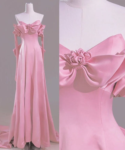 Beautiful Pink A-Line Off Shoulder Satin Train Wedding Dress Formal Evening Gowns ED02383