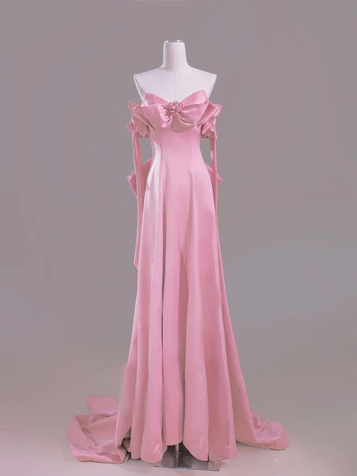 Beautiful Pink A-Line Off Shoulder Satin Train Wedding Dress Formal Evening Gowns ED02383