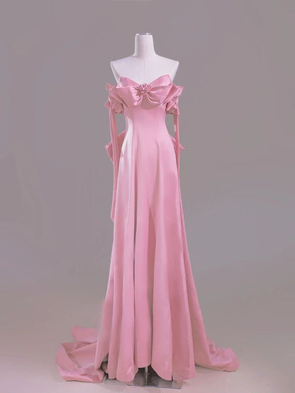 Beautiful Pink A-Line Off Shoulder Satin Train Wedding Dress Formal Evening Gowns ED02383