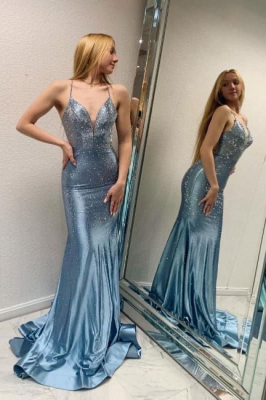 Fashion Grey Blue V Neck Mermaid Glitter Backless Satin Long Prom Dresses Formal Evening Gowns ED02384