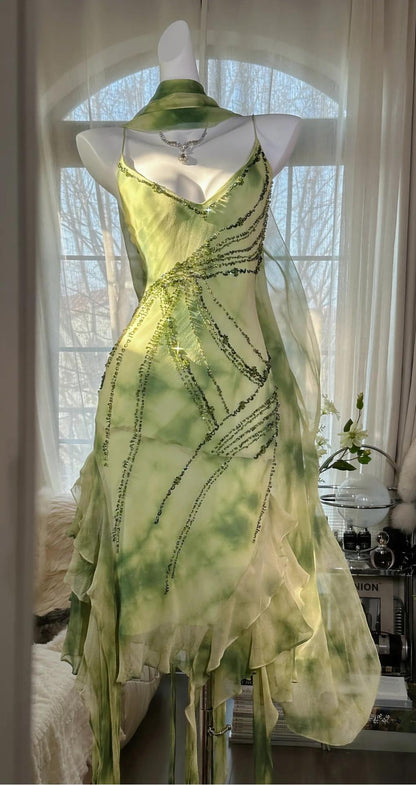 Gorgeous Green Spaghetti Straps Sheath Party Dresses Chiffon Beaded Short Y2K Prom Dresses ED02388