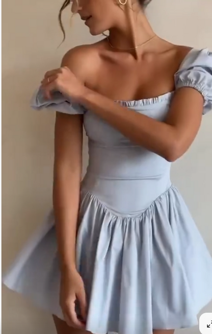 Sweet Sky Blue Square Neck Satin Corset A-Line Party Dresses Short Prom Dresses ED02389