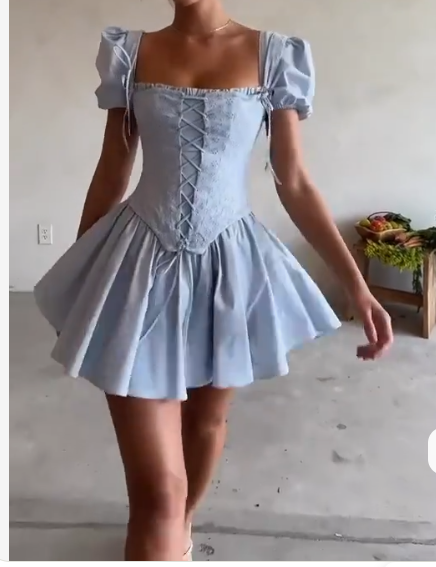 Sweet Sky Blue Square Neck Satin Corset A-Line Party Dresses Short Prom Dresses ED02389