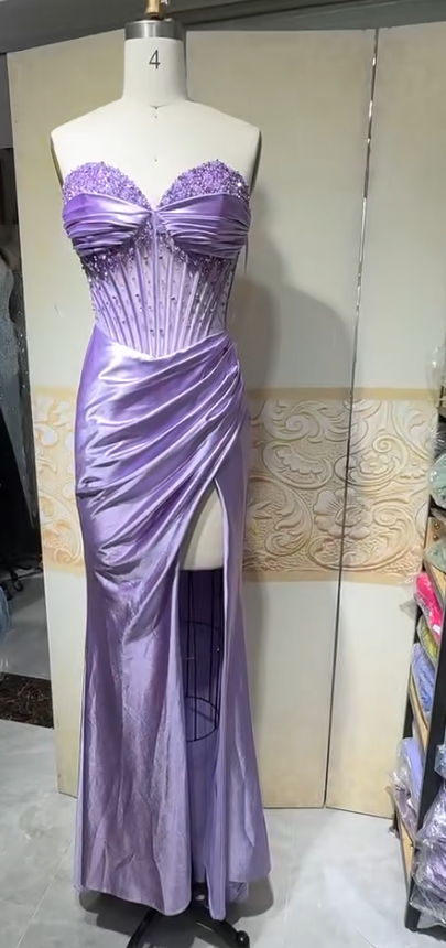 Elegant Lilac Sweetheart Neck Mermaid Satin Beading Long Prom Dresses Formal Evening Gowns ED02390