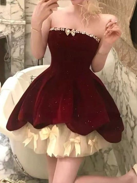 Gorgeous Red Velvet A-Line Strapless Homecoming Dress Tulle Short Prom Dresses with Bow ED02396