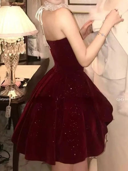 Gorgeous Red Velvet A-Line Strapless Homecoming Dress Tulle Short Prom Dresses with Bow ED02396