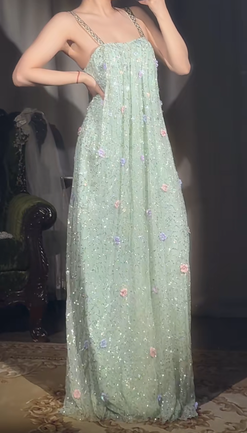 Fairytale Mint Green Straps A-Line Chiffon Beaded Long Prom Dresses with Appliques Sweet Birthday Evening Gowns ED02397