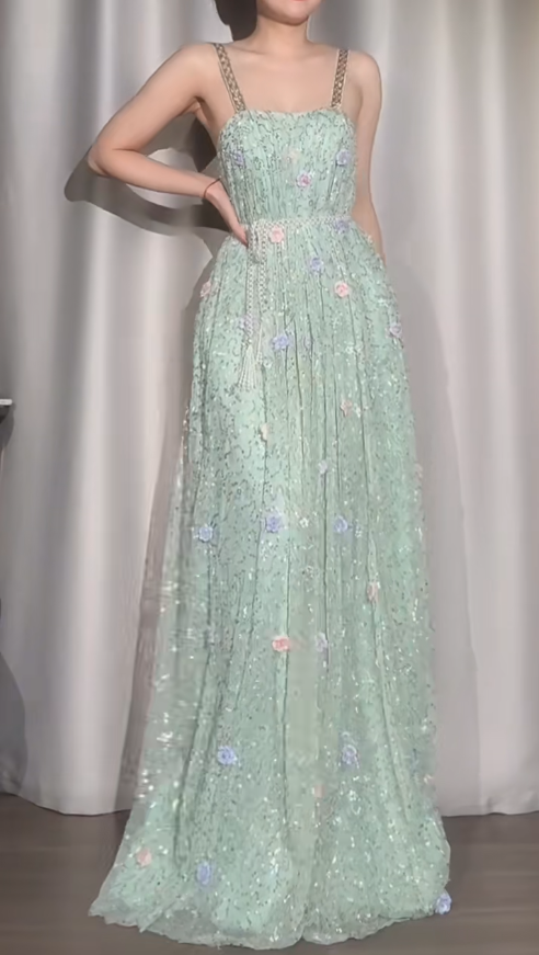 Fairytale Mint Green Straps A-Line Chiffon Beaded Long Prom Dresses with Appliques Sweet Birthday Evening Gowns ED02397