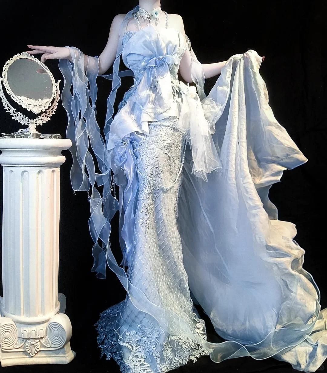 Fairy Grey Blue Mermaid Tulle Halter Embroidery Applique Long Prom Dresses ED02398