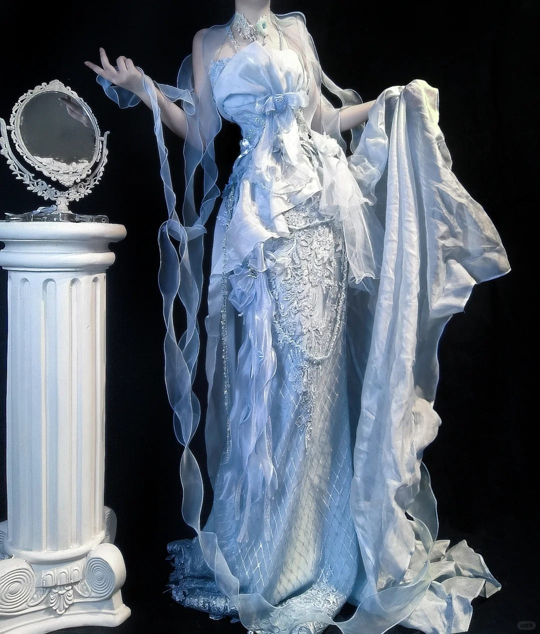 Fairy Grey Blue Mermaid Tulle Halter Embroidery Applique Long Prom Dresses ED02398