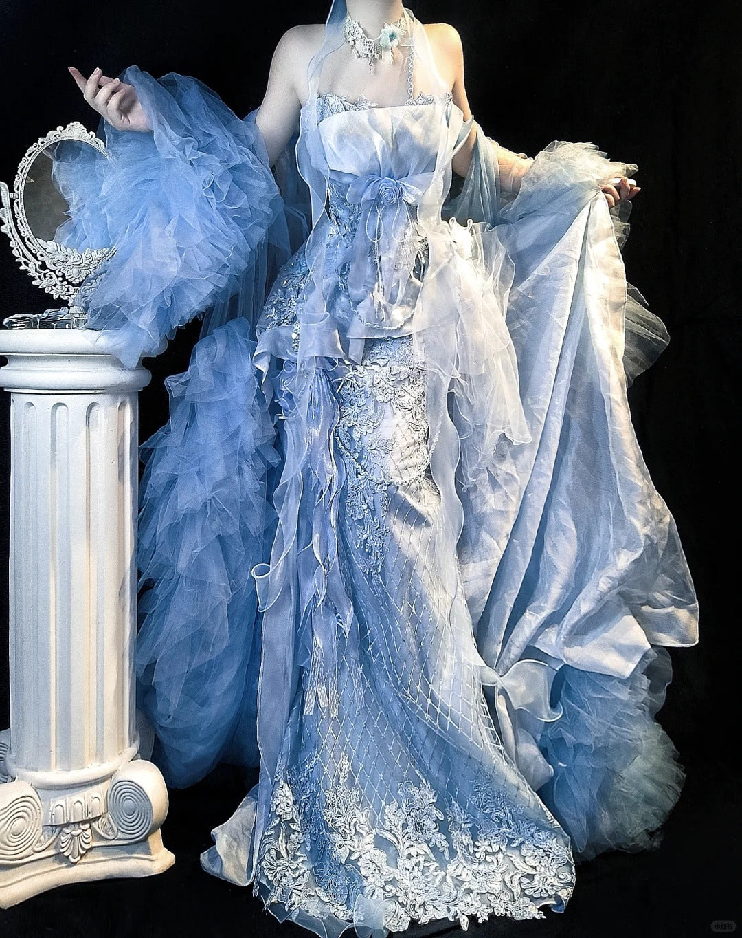 Fairy Grey Blue Mermaid Tulle Halter Embroidery Applique Long Prom Dresses ED02398