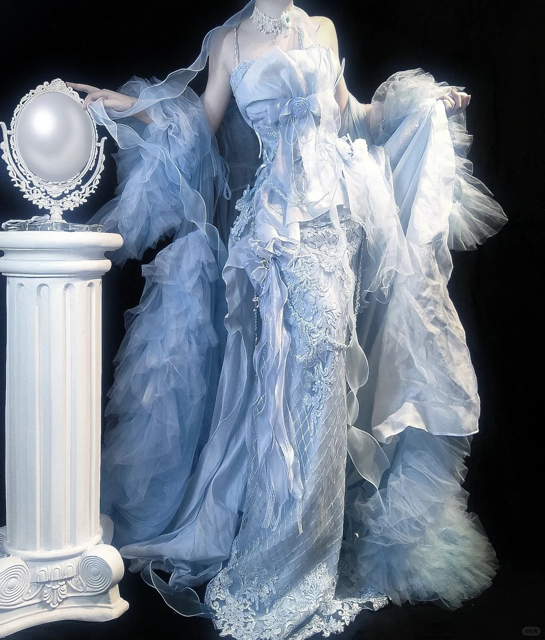 Fairy Grey Blue Mermaid Tulle Halter Embroidery Applique Long Prom Dresses ED02398