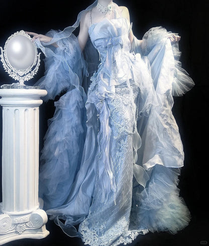 Fairy Grey Blue Mermaid Tulle Halter Embroidery Applique Long Prom Dresses ED02398