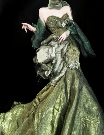 Stunning Forest Green Strapless Mermaid Prom Dresses Tulle Train Wedding Dress ED02399