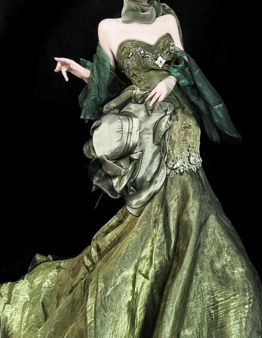 Stunning Forest Green Strapless Mermaid Prom Dresses Tulle Train Wedding Dress ED02399