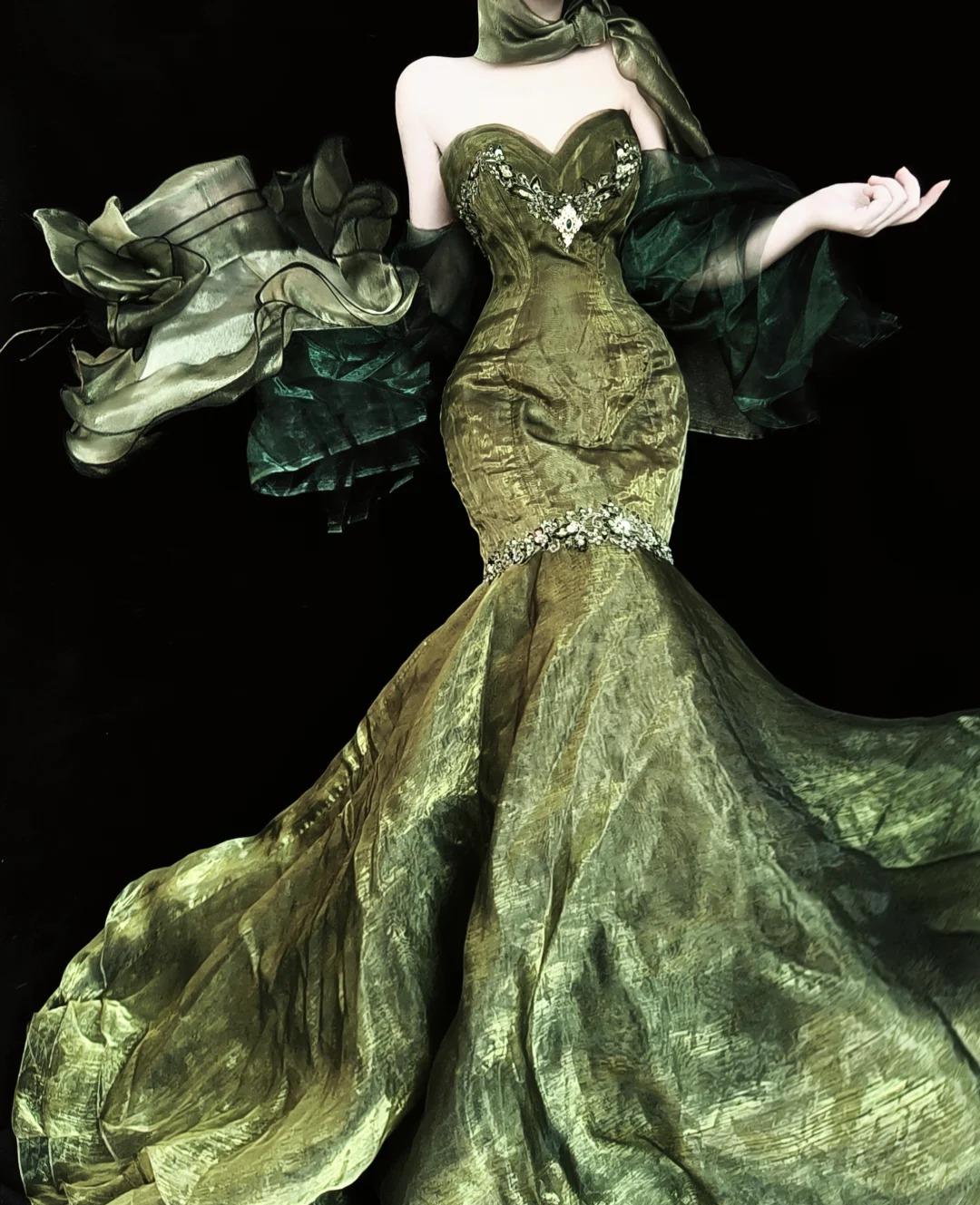 Stunning Forest Green Strapless Mermaid Prom Dresses Tulle Train Wedding Dress ED02399