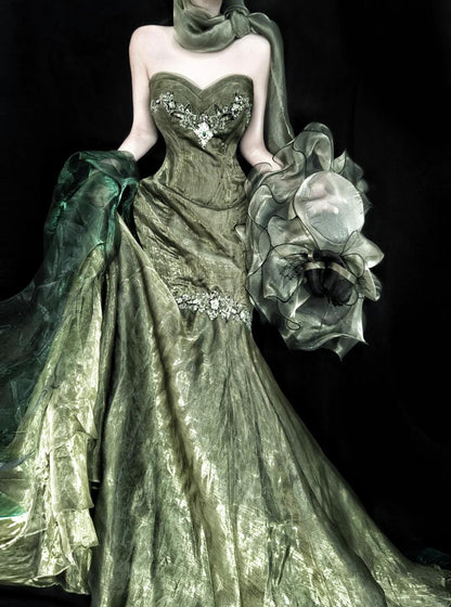 Stunning Forest Green Strapless Mermaid Prom Dresses Tulle Train Wedding Dress ED02399