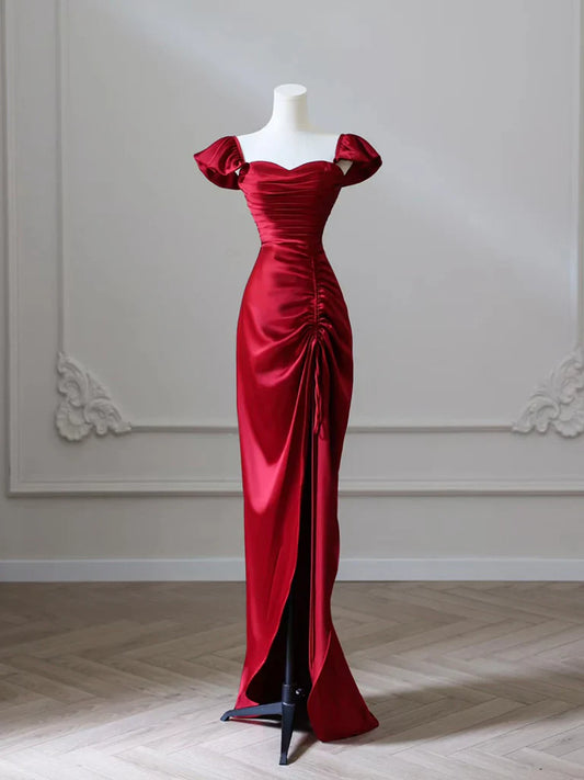 Mermaid Satin Burgundy Long Prom Dress, Mermaid Burgundy Long Formal Dress ED024
