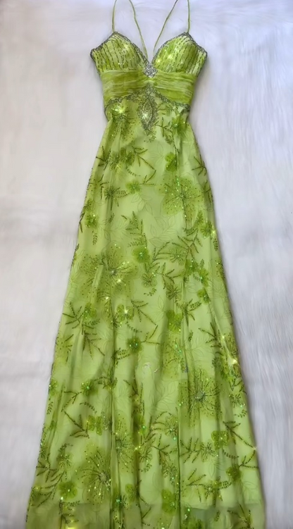 Gorgeous Bud Green V-neck Satin Beaded Applique Sheath Prom Dresses Vintage Backless Evening Gowns ED02402