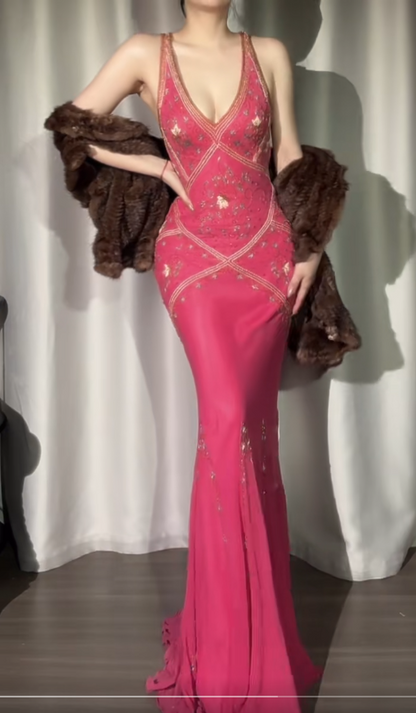 Elegant Hot Pink V-neck Mermaid Chiffon Beaded Applique  Prom Dresses Vintage Backless Evening Gowns ED02403