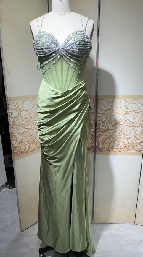 Elegant Sage Green Sweetheart Mermaid Satin Prom Dresses Formal Evening Gowns with Rhinestones ED02405