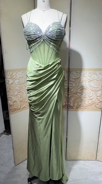 Elegant Sage Green Sweetheart Mermaid Satin Prom Dresses Formal Evening Gowns with Rhinestones ED02405
