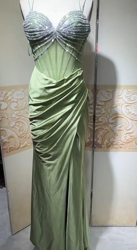 Elegant Sage Green Sweetheart Mermaid Satin Prom Dresses Formal Evening Gowns with Rhinestones ED02405
